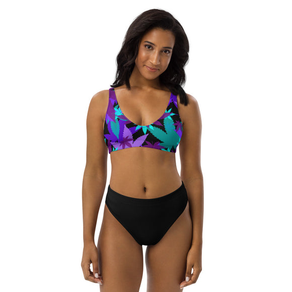Purple / Teal Leaf high-waisted bikini
